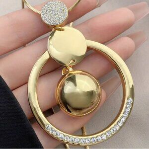 18K Gold Plated Golden Color Large ring/circle rhinestone Pendant Long Necklace